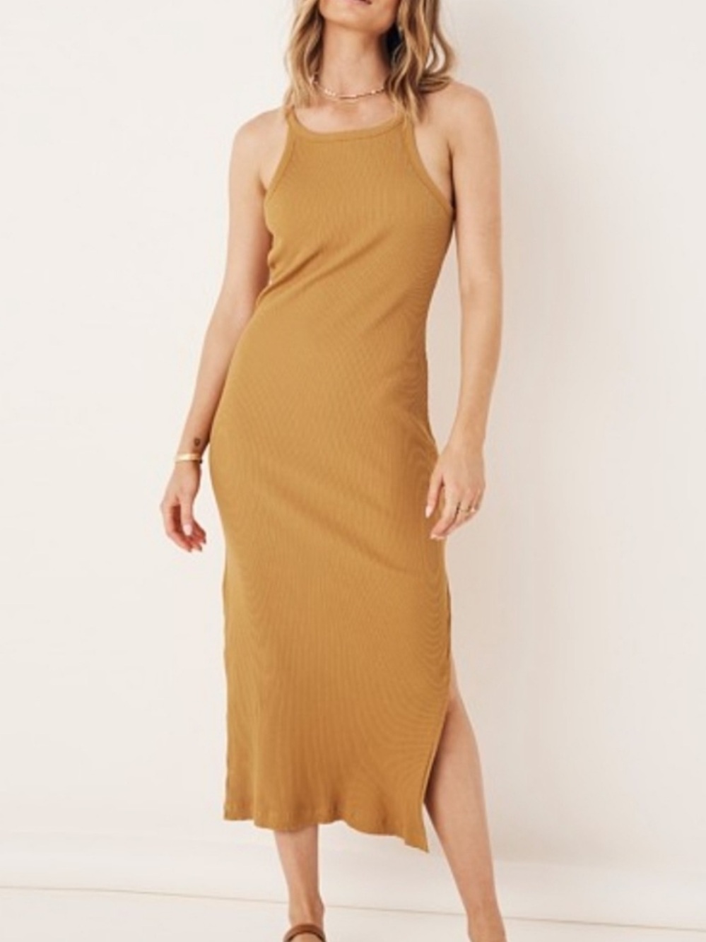 Spell and the Gypsy Cosmos Ribbed Halter Tank Midi Dress Turmeric Mustard Sz S